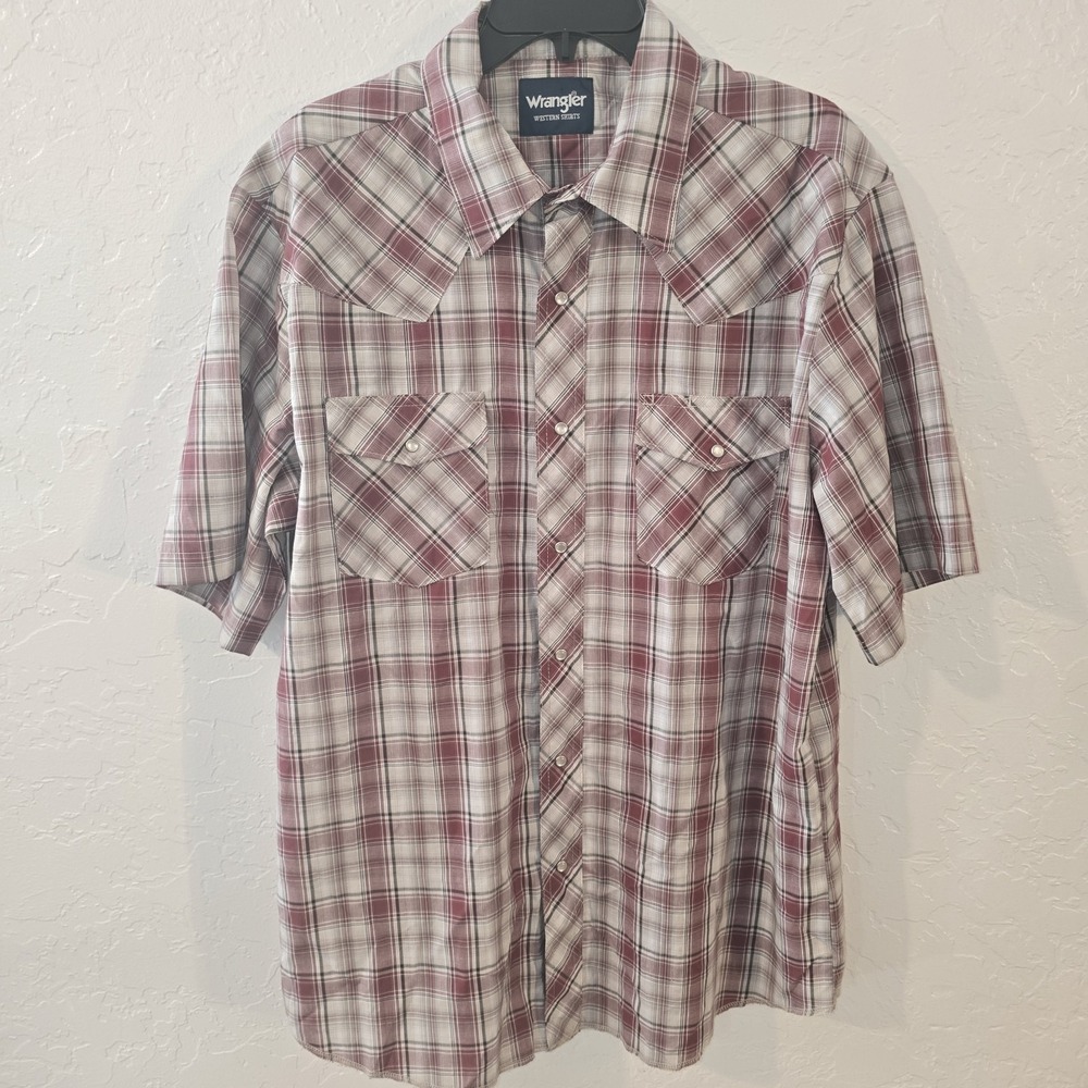 Wrangler Shirt Mens Red‎ Tan Plaid Pearl Snap Short Sleeve Pockets Western Large